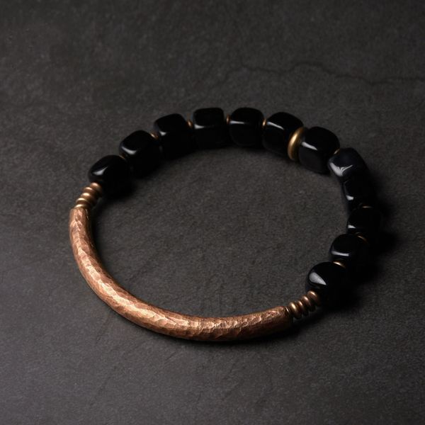 

charm bracelets cubic black obsidian bracelet with handcrafted antique copper accessories trendy protection stone jewelry for men and women, Golden;silver
