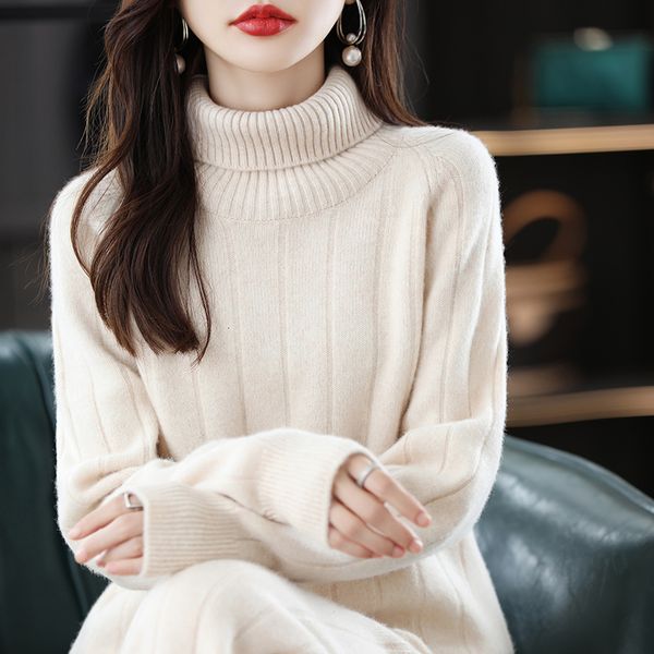 

women's two piece ladies long sleeve turtleneck cashmere sweater casual knit loose wide leg pant 100 pure wool suit 230215, White