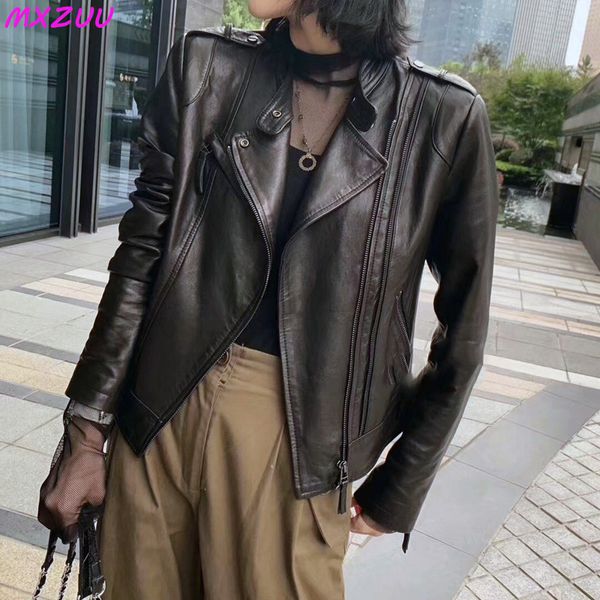 

womens leather faux leather leather coat women short allmatch european fashion biker genuine sheepskin black jackets zipper pocket jaqueta c