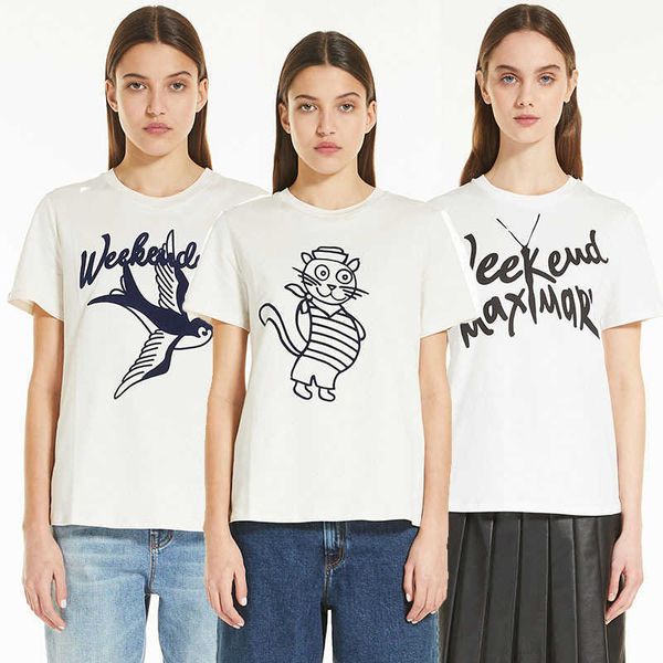 

max mara women designer t shirt letter cartoon pattern flocked white cotton round neck fashion short-sleeved t-shirt