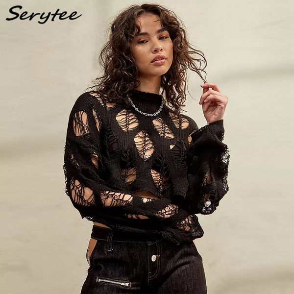 

women's sweaters vintage holes ripped knitted smock fashion cropped streetwear pullover hollow out spring sweater knitwear 2023 women, White;black