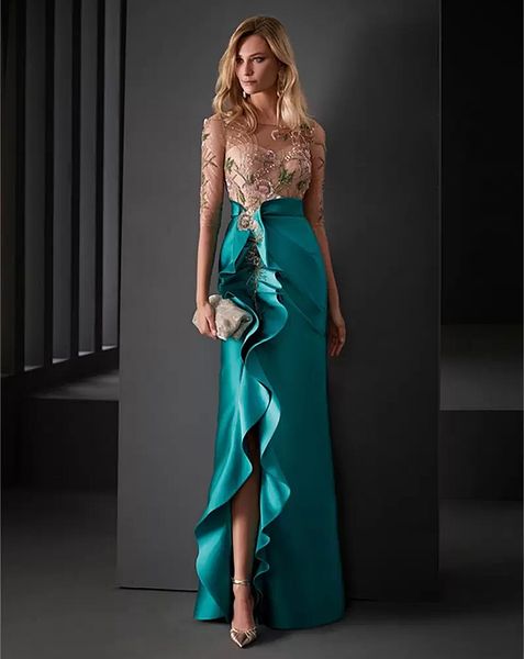 

ruffle slit long mother of the bride dresses half sleeves lace applique beaded teal satin guest wedding party gowns godmother groom mom prom, Black;red