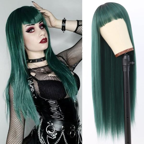 

long straight remy hair wigs wine red heat resistant fiber hair full machine wig with bangs for fashion women, Black