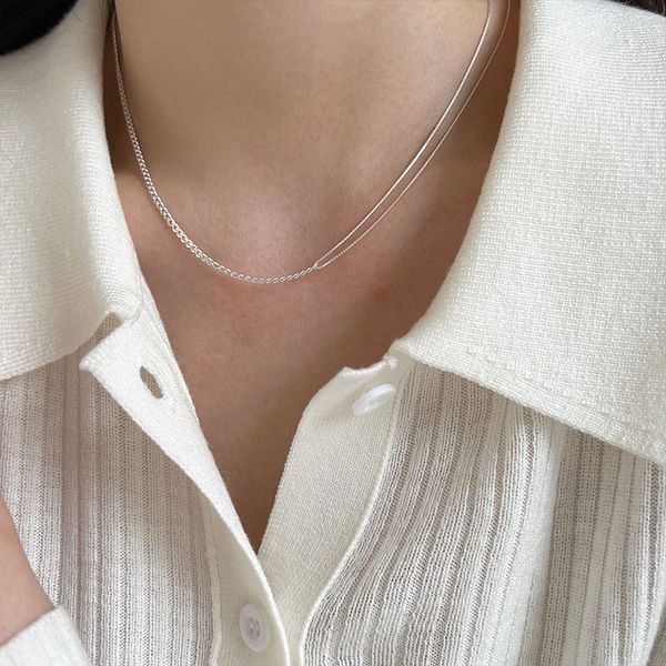 

double layer chain necklace choker 925 sterling silver chunky link chain chokers necklaces retro charm valentine jewelry for women girls, Golden;silver