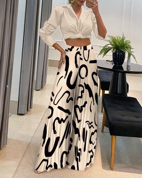 

womens two piece pants fashion print set casual office shirt wide leg autumn 230216, White