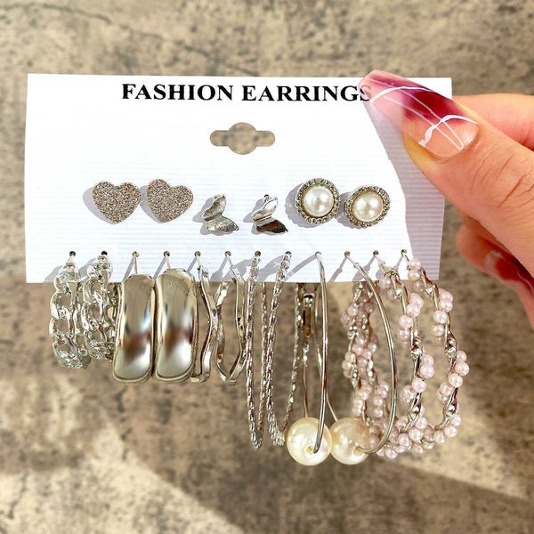

creative simple earring set 9 pairs of butterfly peach heart pearl earrings, Golden