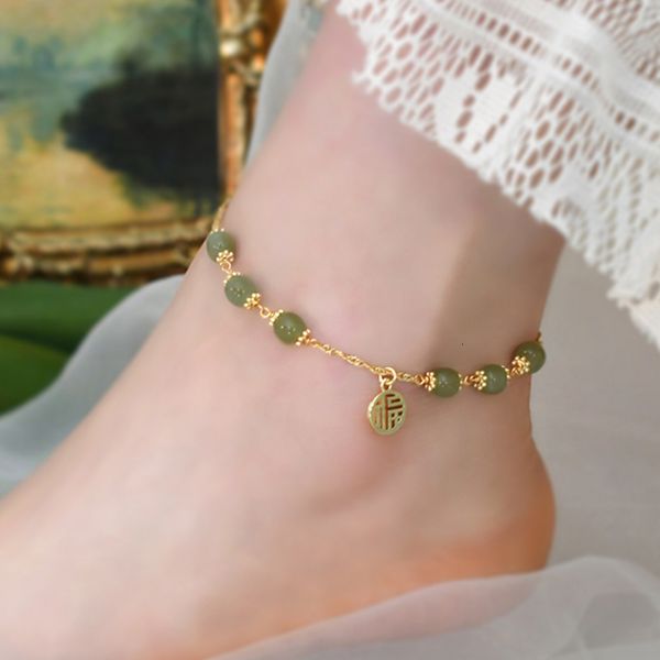 

anklets mosan 14k plated gold natural hetian jade anklet adjustable for women fashion jewelry 230216, Red;blue