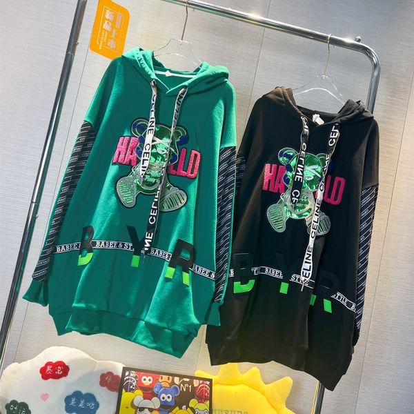 

womens hoodies sweatshirts cartoon spliced hooded plus size spring autumn for girls casual loose sweashirts couples sudaderas para parejas, Black