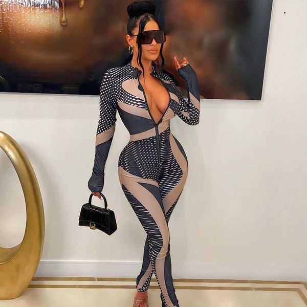 

women's jumpsuits 2023 autumn and winter women's new irregular fashion print long-sleeved long tight-fitting sports jumpsuit, Black;white