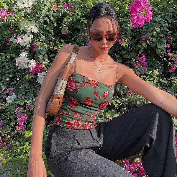 

women's tanks camis vintage floral print cami 90s women sleevless slim fit cropped summer spaghetti strap mini vest streetwear y2k aest, White