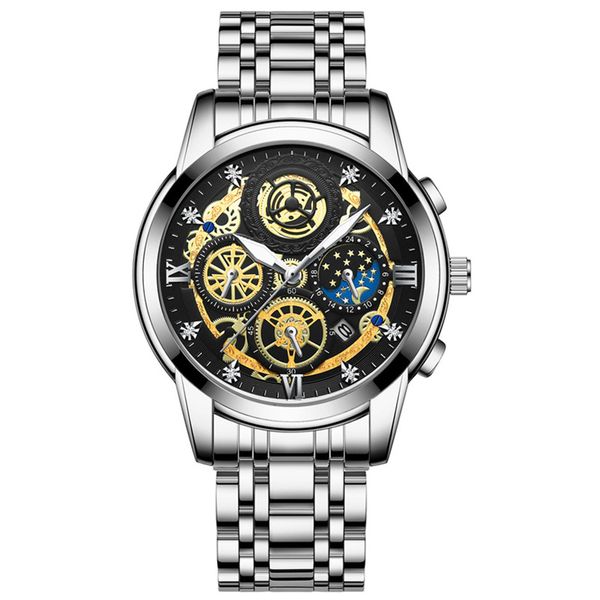

men watch brand original sports quartz mens watches full steel waterproof chronograph wristwatch men relogio masculino montre de luxe wristw, Slivery;golden