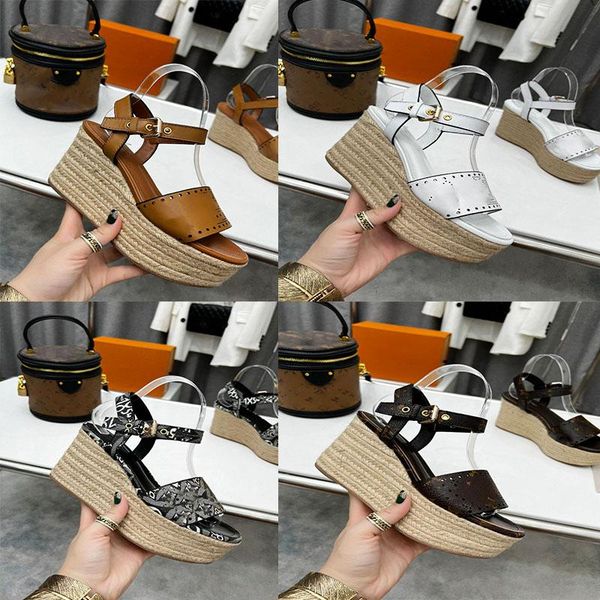

designer sandals starboard wedge sandal women high heel espadrilles natural straw sandal perforated sandal calf leather lady slides outdoor, Black