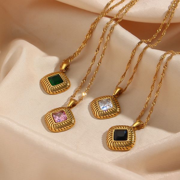 

pendant necklaces winter autumn fashion square texture zircon pendant necklace green black white pink vintage stainless steel 230215, Silver