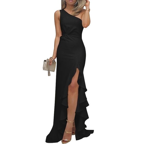 

women party wedding guest dresses sleeveless one shoulder bodycon slit ruffle evening night maxi dress, White;black