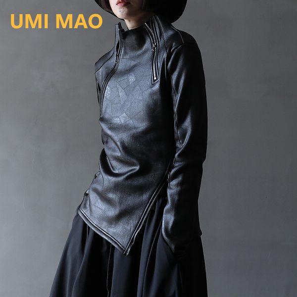 

womens leather faux leather umi mao dark yamamoto style irregular stand collar diagonal zipper faux leather sweatshirt female cool black got