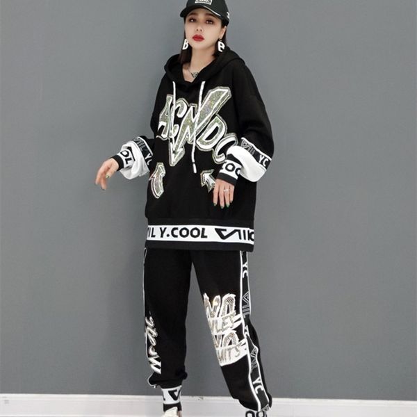 

womens hoodies sweatshirts letter printed tracksuit casual loose hooded elastic waist sweatpants a pair of joggers long set 230216, Black
