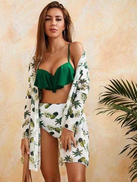 

swimsuit three piece pineapple print bikini mesh split female, White;black