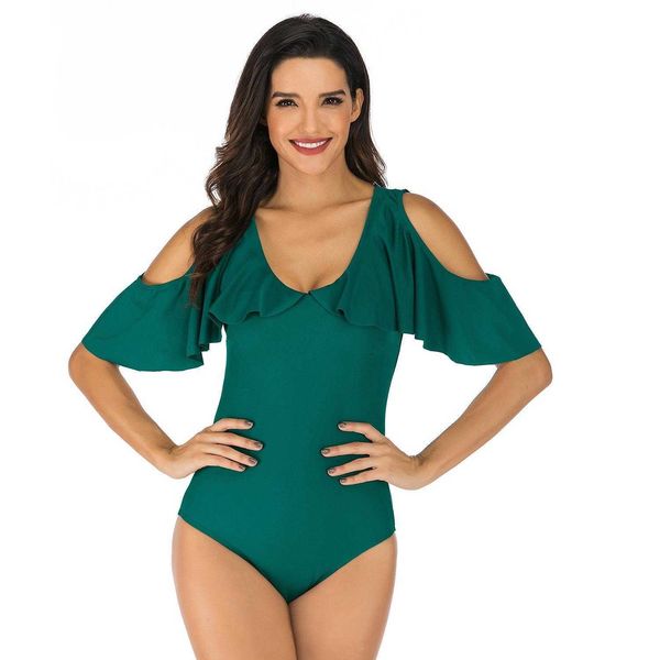 

one piece swimsuit women solid color backless conservative swimwear ruffled, White;black
