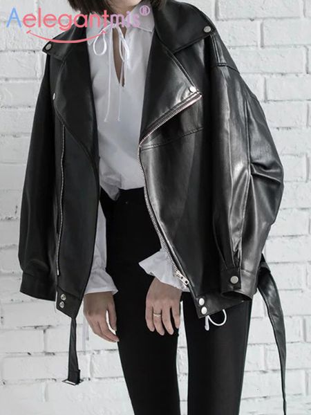 

womens leather faux leather aelegantmis loose women soft faux leather jacket with belt black pu leather biker jacket lady basic coat street