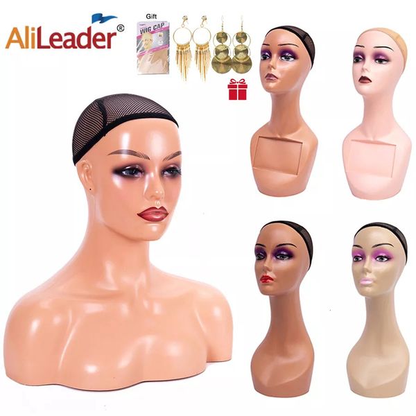 

wig stand realistic female mannequin head with shoulder manikin head bust wig head for display wigs necklace earrings hat dark brown 230216, White