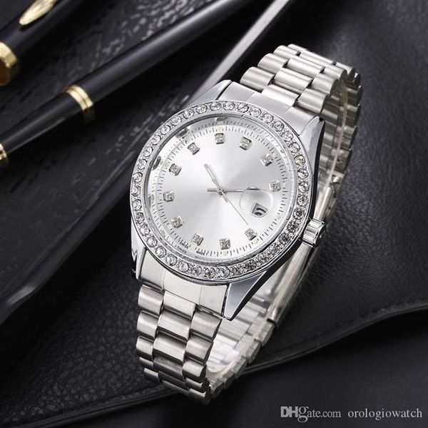 

relogio masculino diamond mens watch fashion black dial calendar gold bracelet folding clasp master male 2021 gifts couples212y, Slivery;brown
