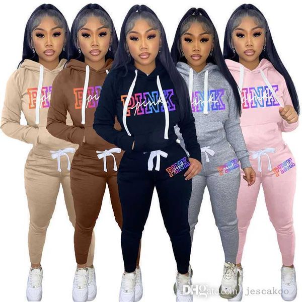 

new women pullover hooded tracksuits sweatsuits deisgner two pieces pants set letter printed plush drawstring sweater suit, Gray