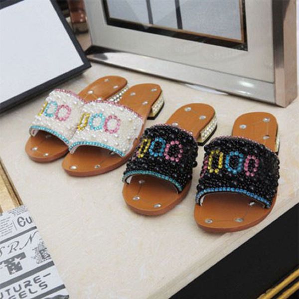 

alphabet slippers sandals slide women pearl spring new flat flip-flops beach wooden bottoming fashion classic beach sandals comfortable desi, Black