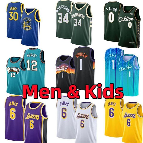 

men youth kids basketball jerseys stephen 30 curry 6 james 1 lamelo ball giannis 34 antetokounmpo devin 1 booker 0 jayson tatum 12 morant 77, Black;red