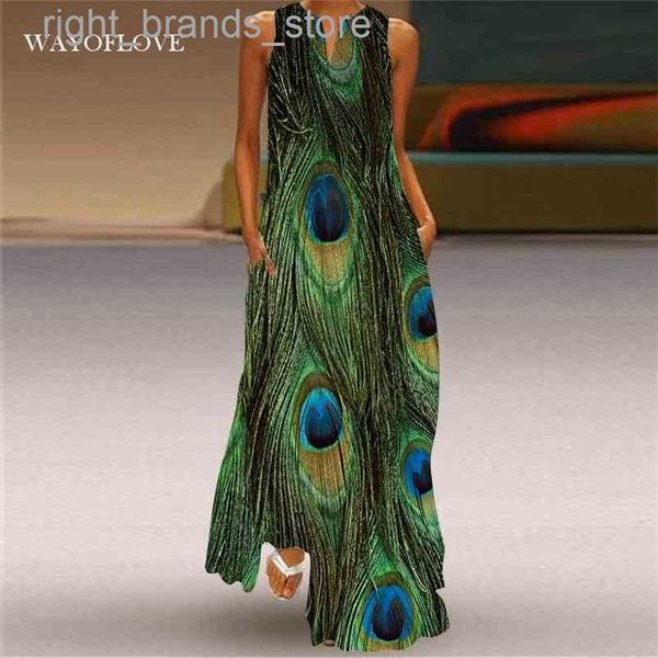 

casual dresses wayoflove plus size peacock feather green dress casual girl long es summer woman sleeveless beach maxi for women0216v23, Black;gray