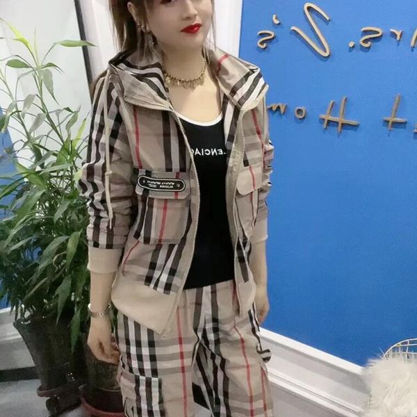 

womens tracksuits 2 piece set plaid hooded zipper designer jacket windbreaker pants women clothes, Gray