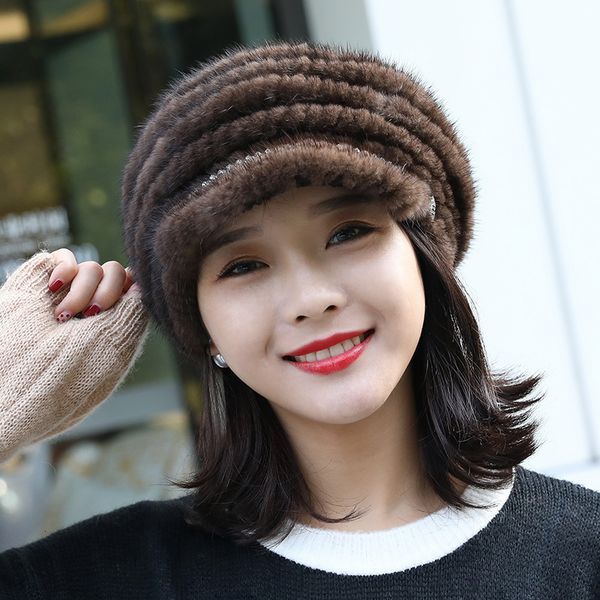 

stingy brim hats real mink fur hat women winter knitted sun girls ball cap avoid wind and snow good quality female ed ear warm 230215, Blue;gray