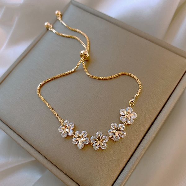 

5pcs elegant inlaid rhinestone korean bracelets gold colour flower charm bracelet for women fashion jewelry accessories party gifts, Golden;silver