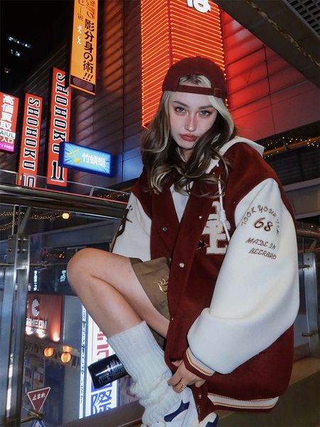 

women's jackets american retro letter embroidery coat baseball jacket winter hooded hip hop loose all-match fashion clothes 230216, Black;brown