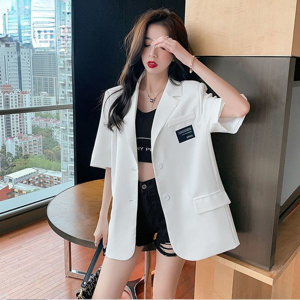 

women blazers coats loose high street suits coats casual solid color pockets half sleeve summer vintage outwear, White;black