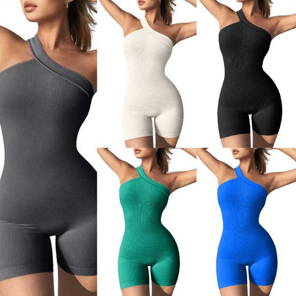 

designer women jumpsuits one-piece clothes new threaded one-shoulder sleeveless bodysuits slim fitting hip lifting rompers shorts, Black;white