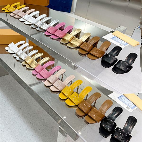 

block or pointed heels revival mule slippers embossed monograms women sandal pumps high heels stiletto 2023 summer vintage classic logo shoe, Black