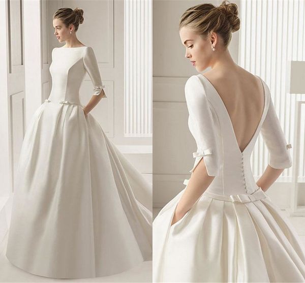 

vintage white satin wedding dresses a line backless with bow half sleeve bridal gowns western church garden robe de mariage plus size bc1517