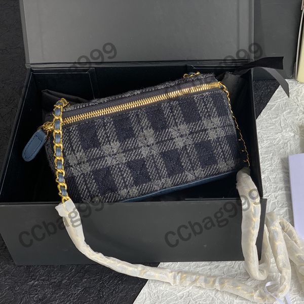 

two-tone woolen 22s zipper cosmetic bags vanity cases knitting tweed makeup box clutch bag wallets with chain gold metal hardware designer l