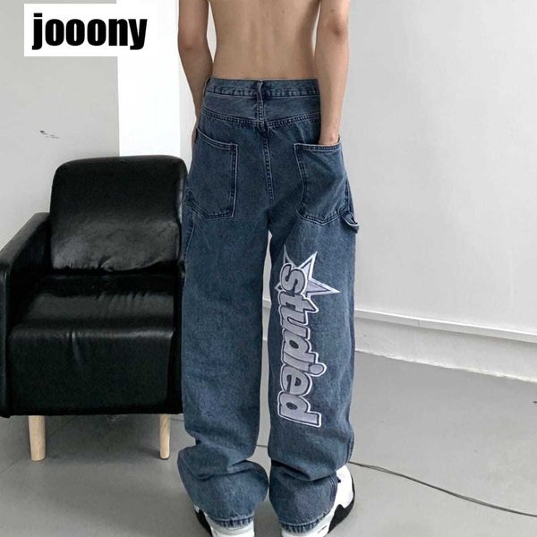 

men's jeans autumn streetwear retro hip-hop letter embroidery jeans man loose straight-leg pants wide-leg for men male 230216, Blue