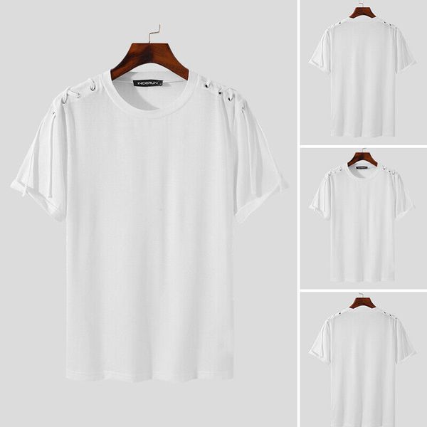 

mens short sleeve o neck lace up hippy t shirts muscle fit party blouse tee, White;black