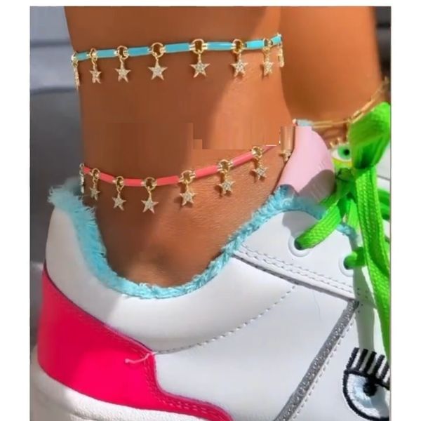 

anklets neon enamel colorful summer beach jewelry gold color cz star charm bamboo link chain anklet for women 230216, Red;blue