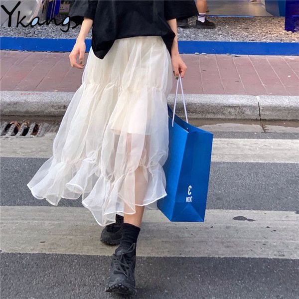 

skirts summer ruffle mesh tulle skirt womens spring simplicity long tutu skirt high waist slim temperament midi korean style 230216, Black