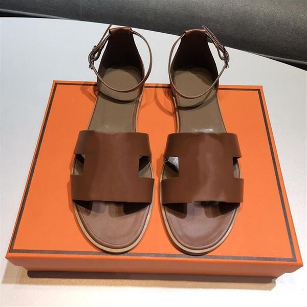 

classic fashion ladies h strap roman sandals genuine leather outer wear casual open toe women's shoes low bag he2031, Black