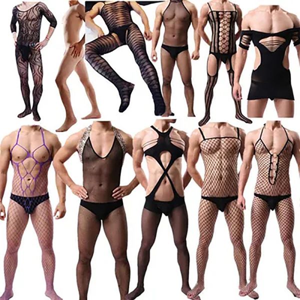 

pyjamas men's fun pantyhose one-piece socks, male open file perspective net suit, one-piece male slave suit, Black;white