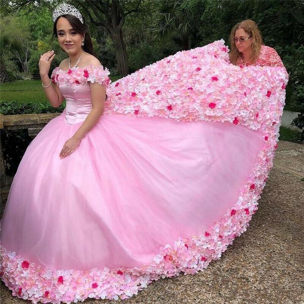 

princess pink quinceanera dresses off shoulder sweet 15 party ball gown 3d hand made flowers prom dress, Black