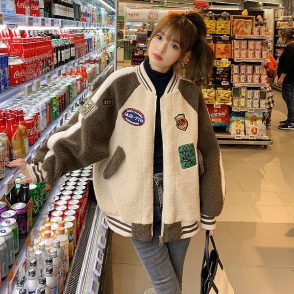 

women's jackets deeptown baseball harajuku lambs wool green korean style varsity women thicken fleece chic coats woman winter 230216, Black;brown