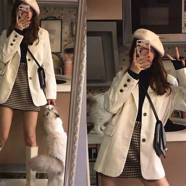 

two piece dress early autumn style shortheight outfit western high suit jacket korean with threepiece women 230216, White