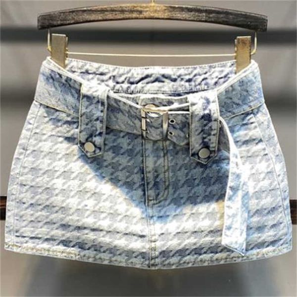 

2023 summer new houndstooth retro denim women's mini short a-line skirt, Black