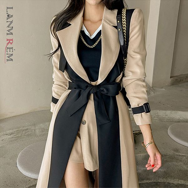 

womens trench coats lanmrem elegant notched collar lady patchwork windbreaker full sleeve buttons belted women long trench coats winter 2w19, Tan;black