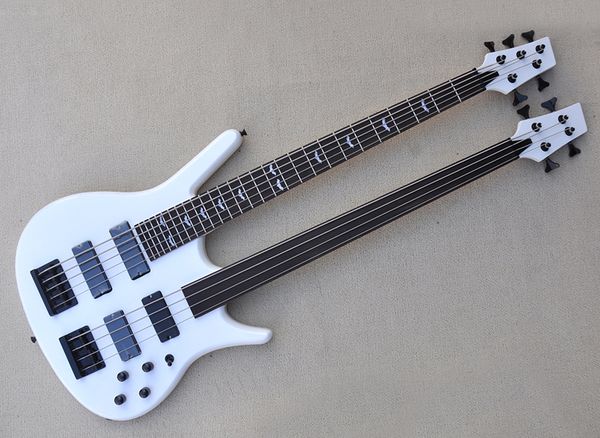 

white 5 and 4 strings double neck electric guitar with rosewood fretboard black hardware